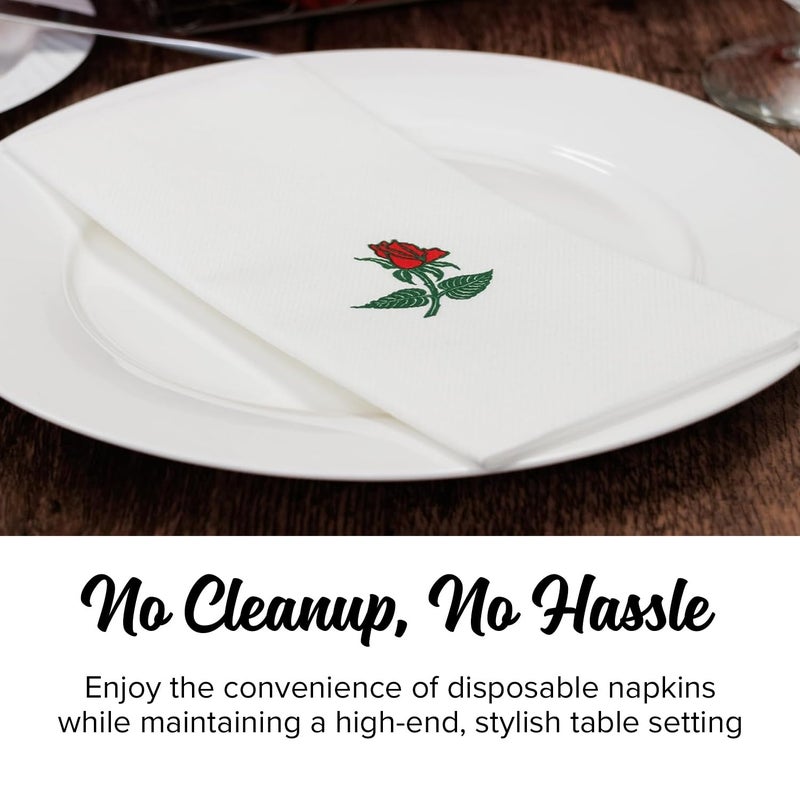 SimuLinen Single Rose Dinner Napkins - Cloth-Like Linen Feel Disposable, Folded Single-use Paper Napkins for Christmas - 19"x17" - Box of 60 - Image 5